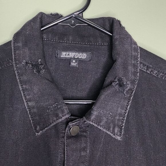 Elwood Mens Denim Jacket Medium Black‎ Distressed Button Up Pockets Streetwear - Picture 3 of 7